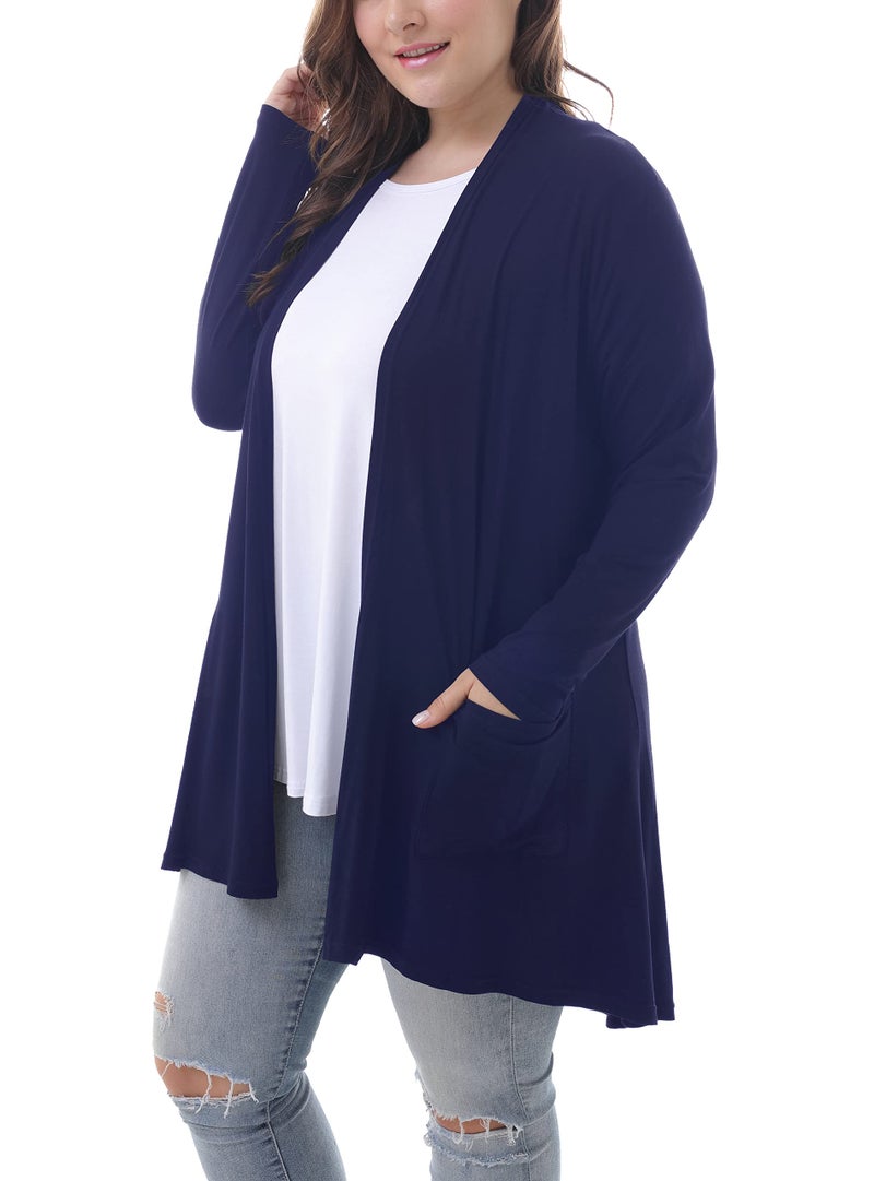ZERDOCEAN Women's Plus Size Long Sleeve Lightweight Soft Printed Drape Cardigan with Pockets Navy 3X - Image 3